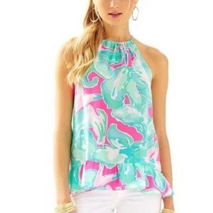 Lilly Pulitzer Women's Top Size Small Millie 100% Silk Pink Sands Peplum